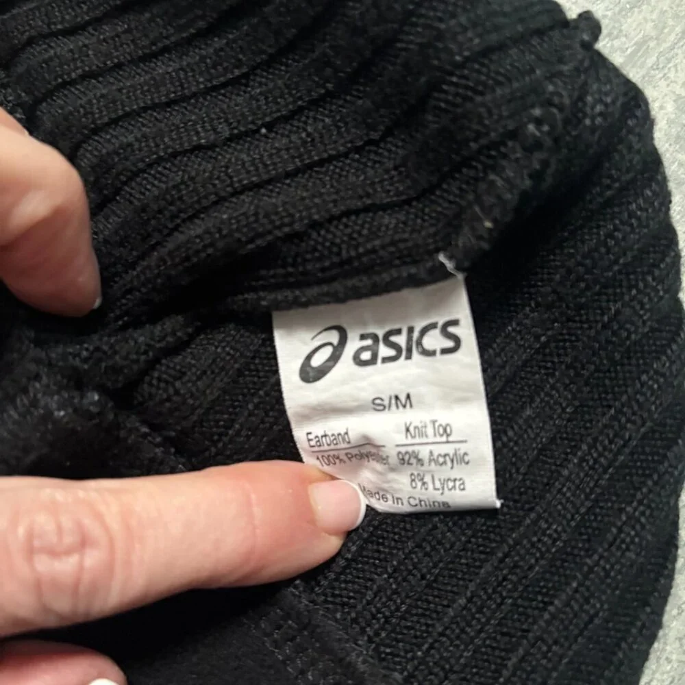 Asics Thermal Knit Running Beanie Cap Hat Fleece Ear Band Lining Black Size S/M